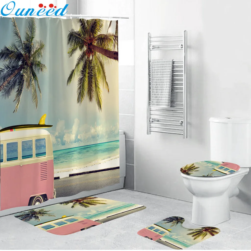 

Ouneed 4PCS set Four seasons scenery printing Bathroom Shower Curtains set Non Slip pattern Toilet Shower curtains Cover Mat set