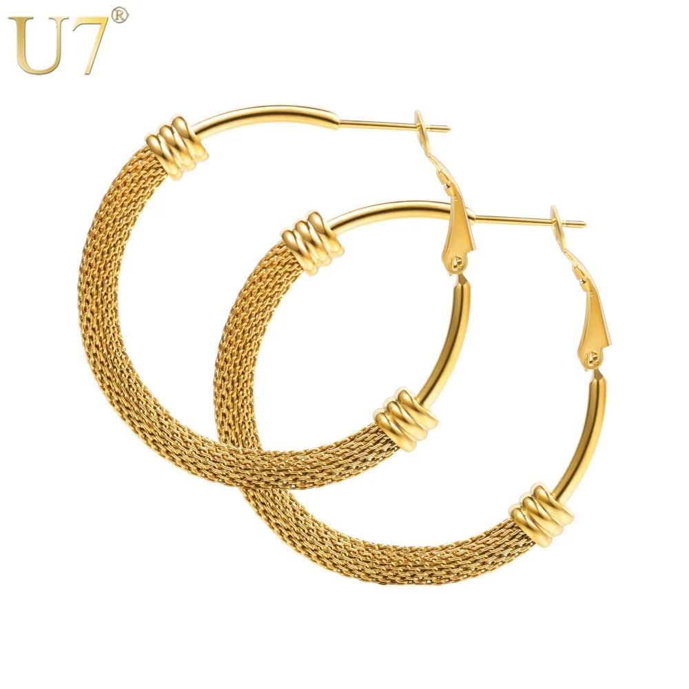 

U7 Brand Stainless Steel Gold/Black Color Mesh Hoop Earrings Jewelry For Girls/Women 2018 New Fashion Round Circle brinco E1005