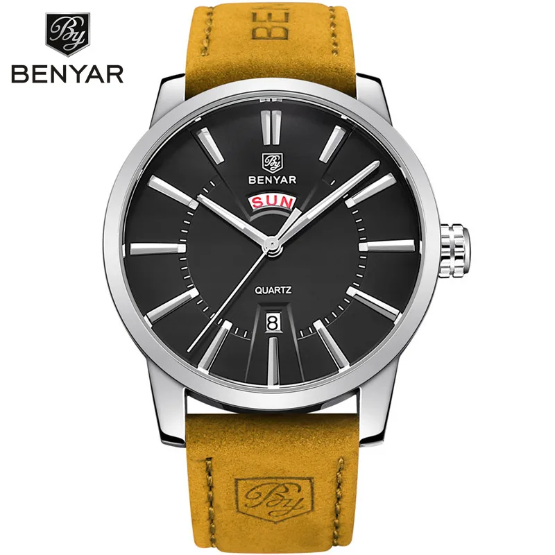 

BENYAR Leather Strap Double Calendar Fashion Quartz Watch Luxury Brand Men's Watch 30M Waterproof Casual Watch Relogio Masculino
