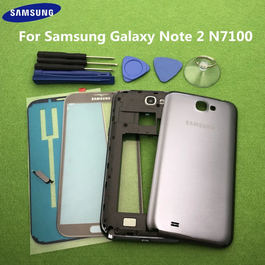 

For Samsung Galaxy Note 2 N7100 Note2 GT-N7100 Full Housing Case Bezel Middle Frame Back Cover + Front Glass Lens Sticker Tools