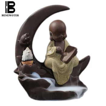 

Chinese Vintage Ceramic Zen Buddha Figurines Purple Clay Moon Base Decoration Aroma Cone Backflow Incense Burner Censer Ornament