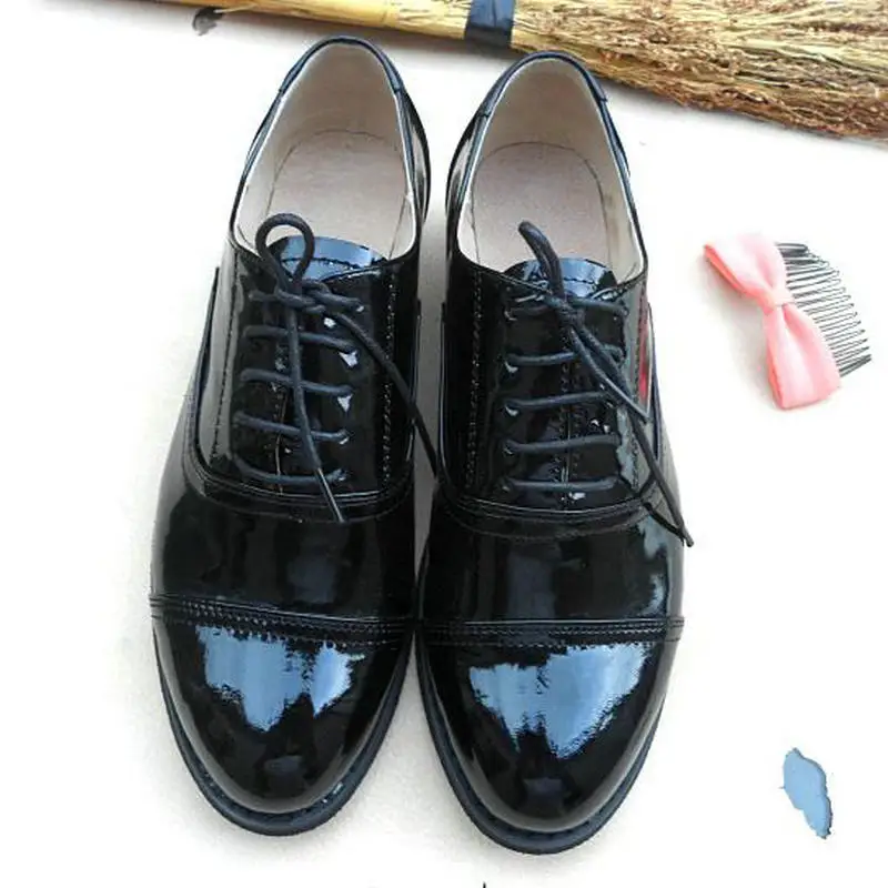 Женские туфли-оксфорды из натуральной лакированной кожи; женская кожаная обувь на плоской подошве на шнуровке; Женская обувь в британском стиле Bullock - Цвет: Patent Leather 1