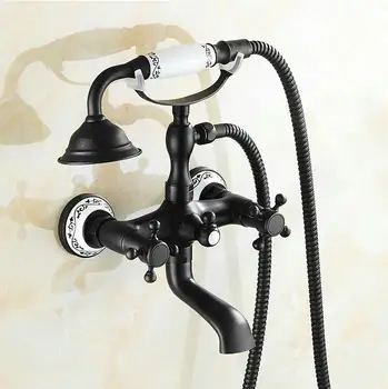 

NEW Arrival Bathroom Wall Mounted Tub Mixer Faucet black Bronze Swivel Spout Tap with pattern ceramic Hand Shower N6522