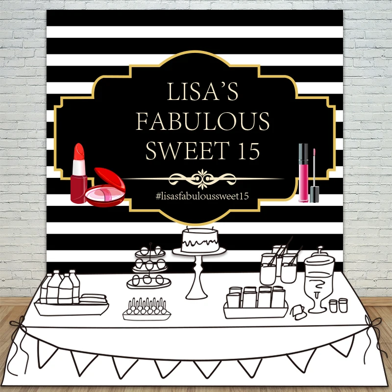 

Allenjoy backdrops Birthday Baby Shower black white Stripe lipstick customize celebration Background Table Banner Party