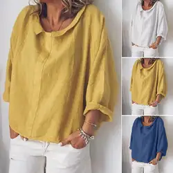 Женская Повседневная Свободная блуза с круглым вырезом, топы, Однотонная рубашка больших размеров