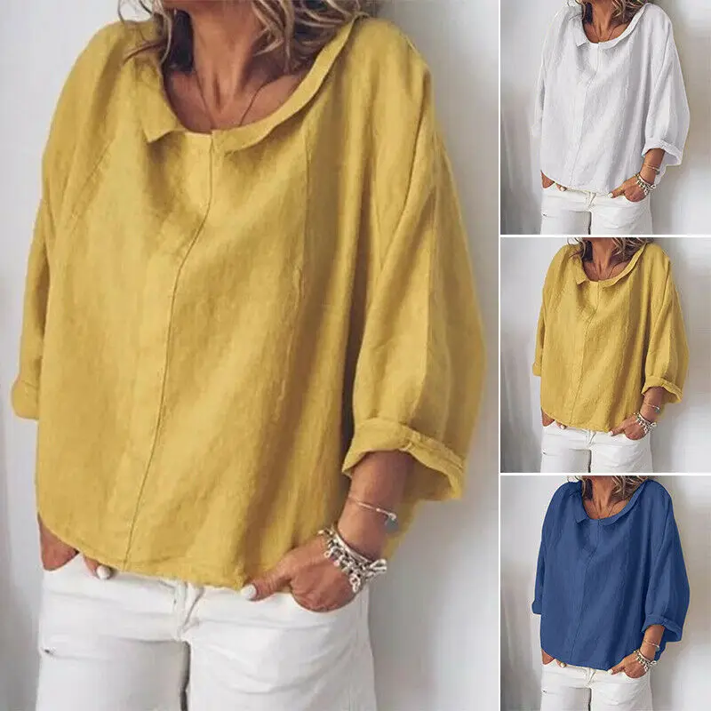 

Women Round Neck Casual Plain Loose Blouse Tops Oversize Solid Shirt Plus