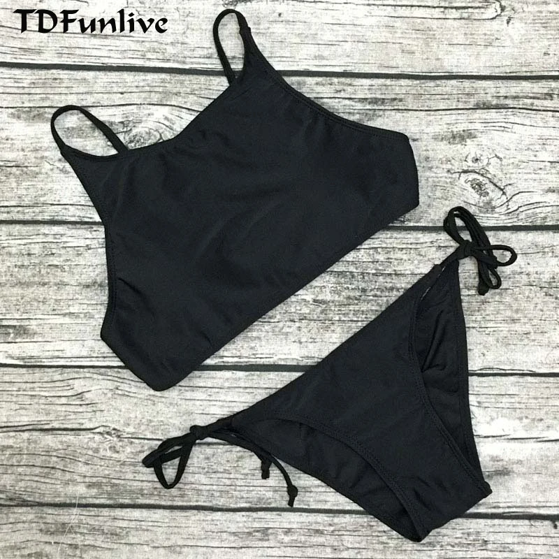 

TDFunlive High Neck Sexy Blue Bikini Set Low Waist Swimwear for Girls Crop Tops Bathing Suits Solid Beach Wear Halter Bathsuit