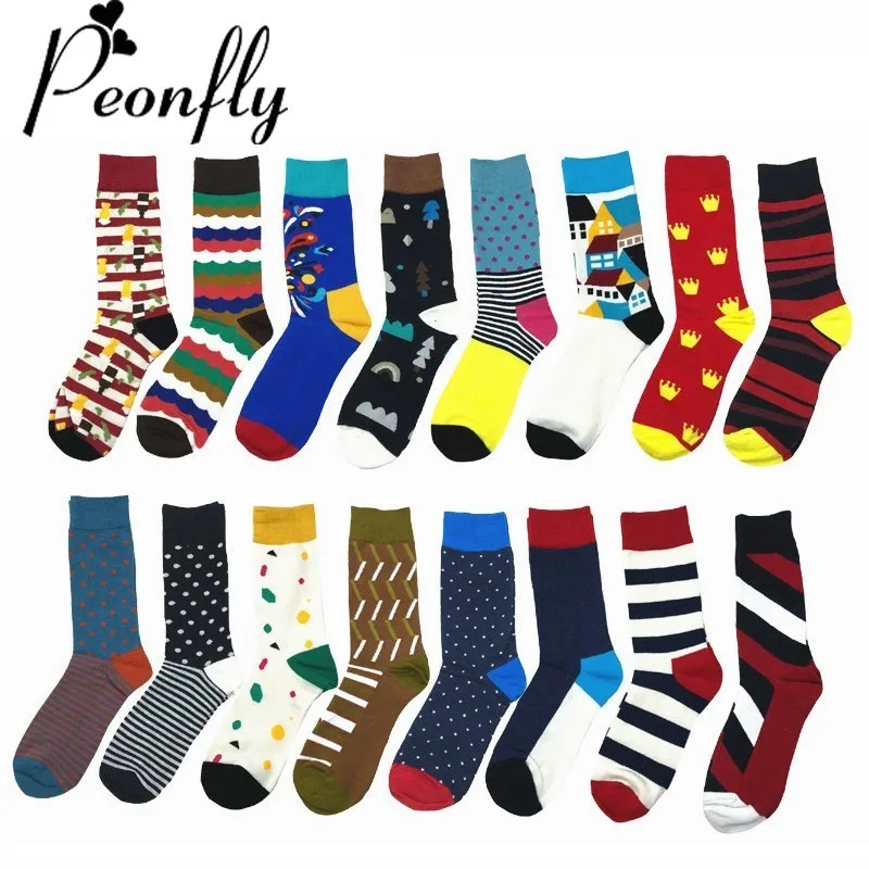 

PEONFLY 16 Colors Men Bright Colorful Striped Dot Cotton Socks Funny Hit Color Art Jacquard Pattern Socks casual Happy Male Sock