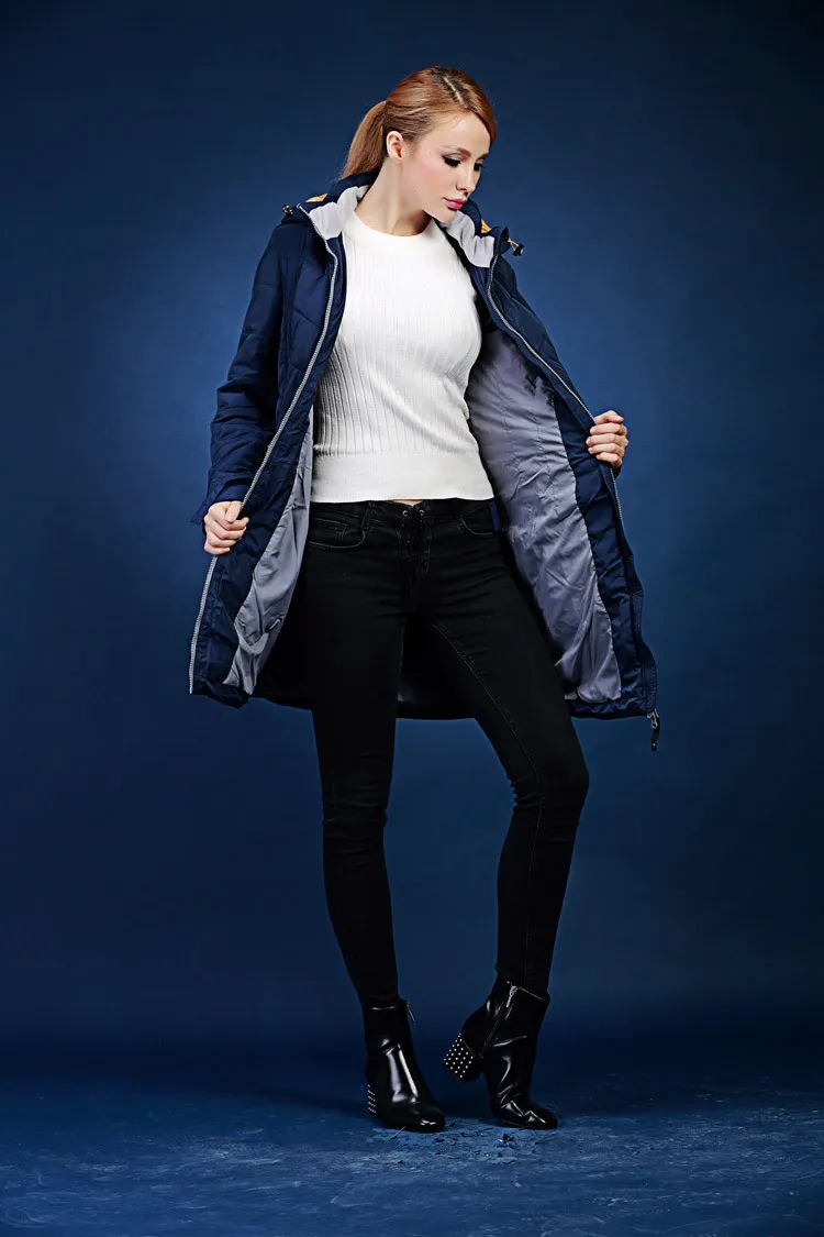 Европейская зимняя куртка женская одноцветная свободная с капюшоном Длинная синяя хлопковая куртка размера плюс 48-62 VLC-V510