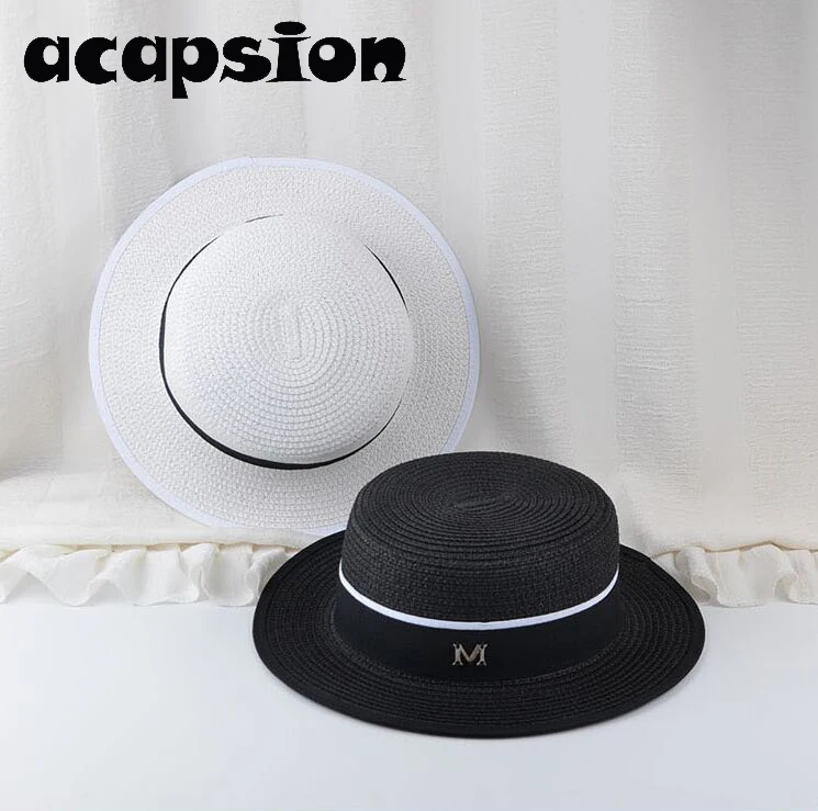 

Acapsion Men Women Jazz Straw Hat Flat Top Black White Bonnet Caps Beach Sun Hat Chapeu Sombrero Hombre Hats For Women Feminino