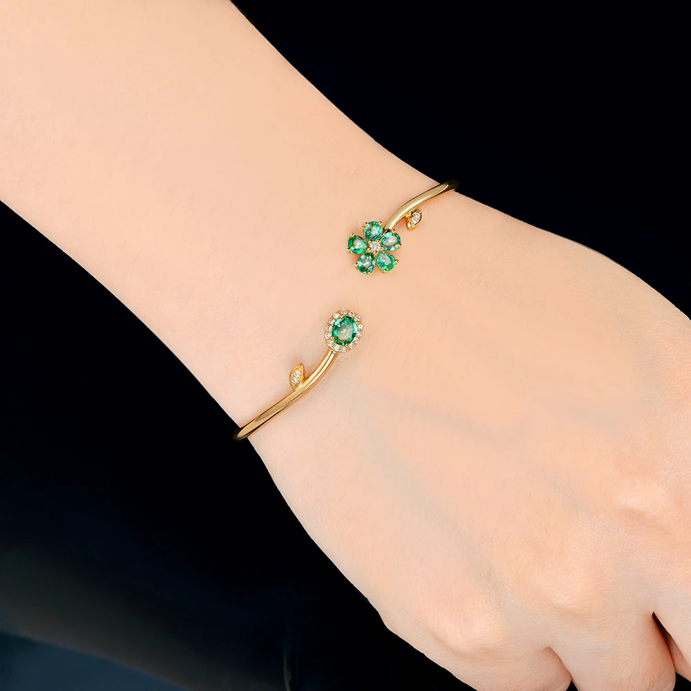 Caimao Jewelry 0.94ctw Natural Emerald Pave Diamond 18K Yellow Gold Gemstone Bracelet