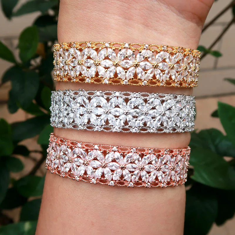 

new Fashion AAA cubic zirconia flower shape bracelet Micro Pave Setting bangle cuff copper base with Gold-Color