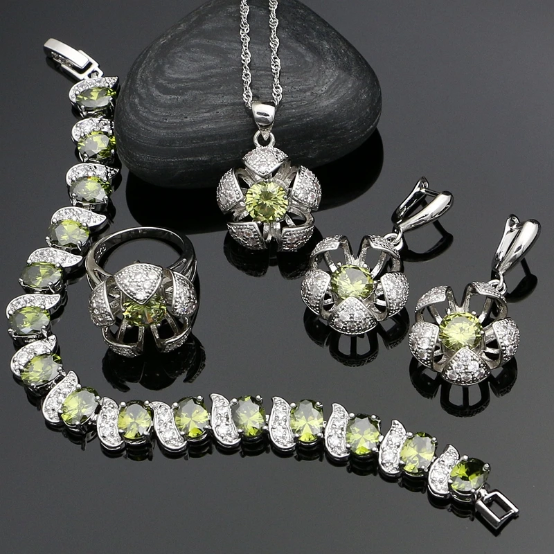 

Olive Green White Crystal Silver 925 Jewelry Sets For Women Wedding Accessories Europeans Americans Jewellry Necklace Set