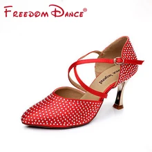 Стразы, украшенные красным атласом, женская танцевальная обувь, обувь для латинских танцев, обувь на высоком каблуке, румба чача, обувь для самбы, бальные туфли