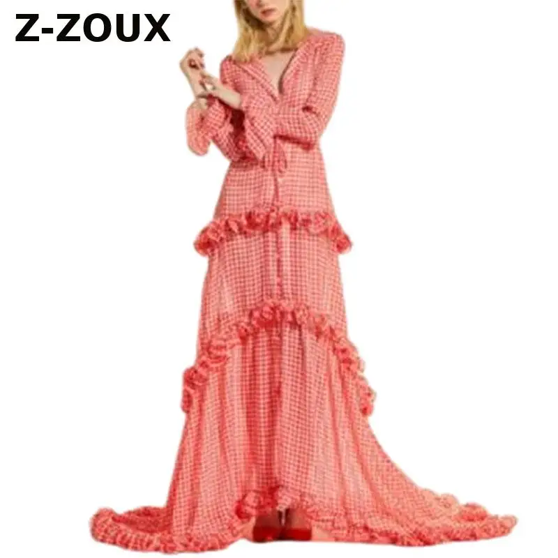 

Z-ZOUX Women Dress Patchwork Plaid Maxi Dress V Neck Long Sleeve Ruffles Cake Dress Drawstring High Waist Summer Dresses 2019