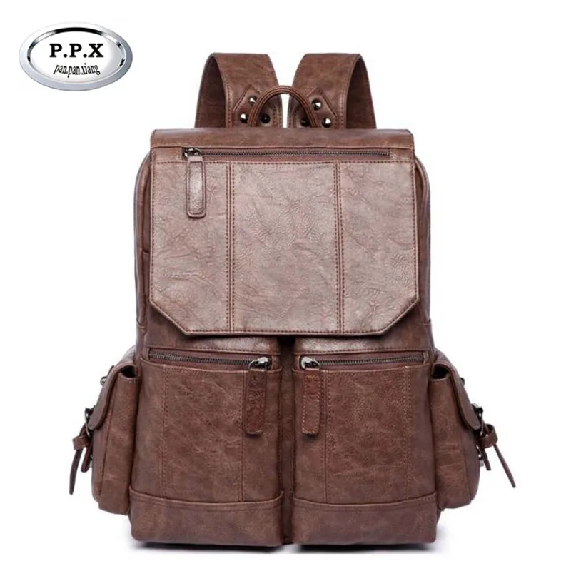 

P.P.X Vintage Leather Daily Backpack Large Capacity Teenagers Schoolbag Casual Men's Backpacks Multi-function Bag 2018 M756