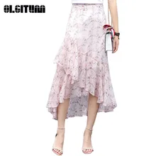 Летняя шифоновая юбка с оборками в цветочек, необычная удлиненная юбка-колокол, женские элегантные миди-юбки, юбка для женщин SK192