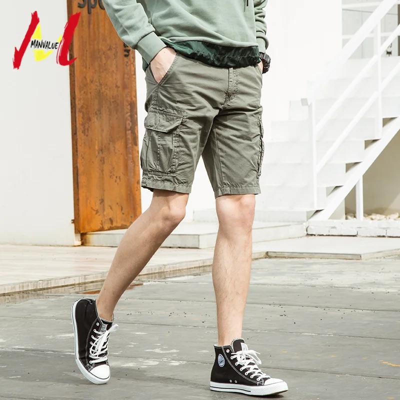 MANVALUE летние мужские повседневные шорты из хлопка разных цветов в европейском и американском стиле, Промытые многокарманные брюки карго шорты