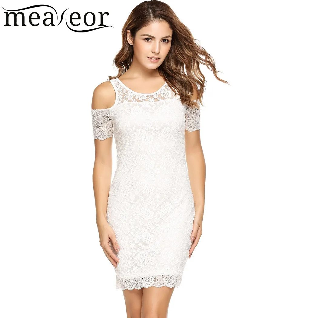 Meaneor Floral Lace Cold Shoulder Mini Sundress Solid Hollow Out Pencil