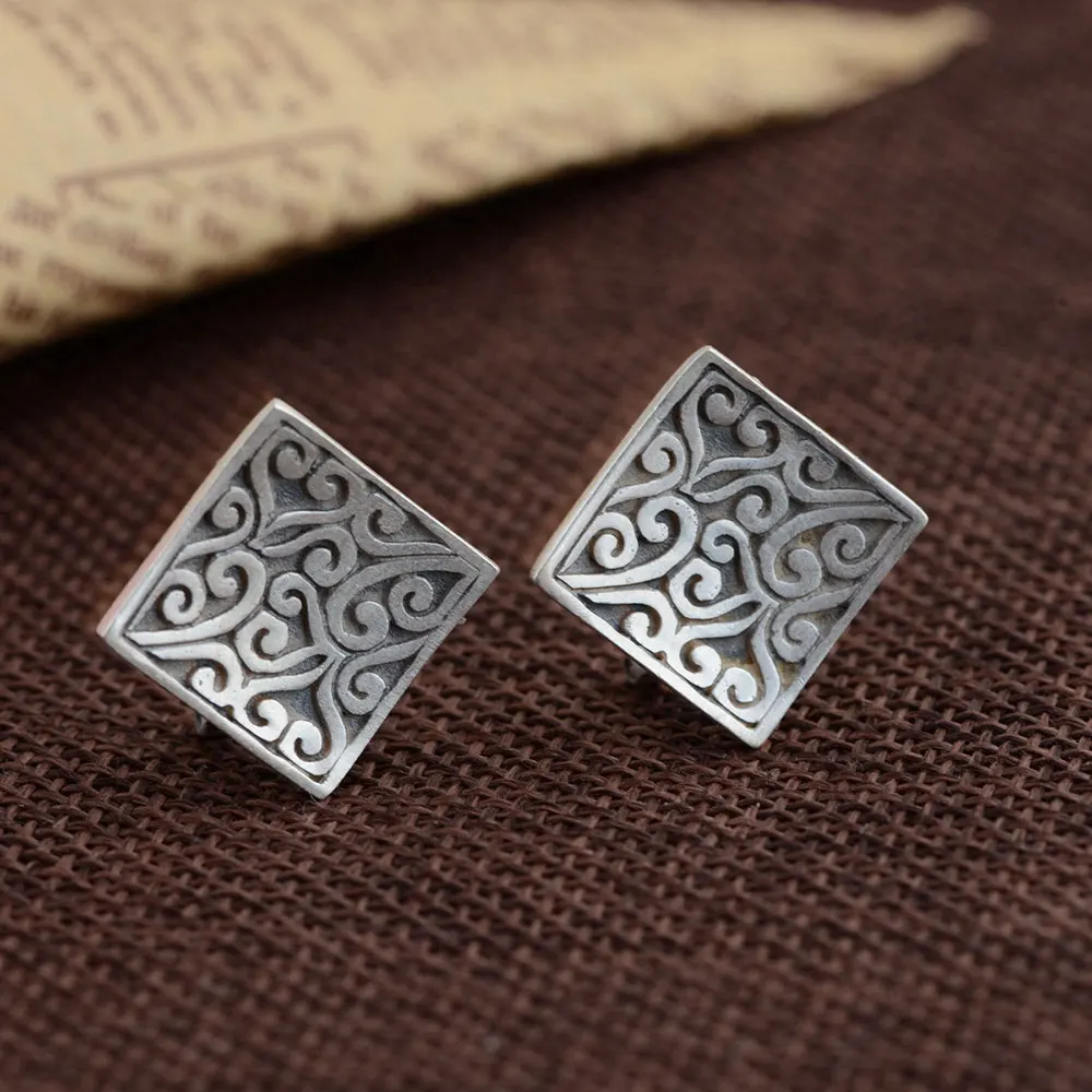 Серьги из серебра 925 для Для женщин ювелирные изделия Винтаж boucle d'oreille S925 стерлингового серебра узор квадратная серьга