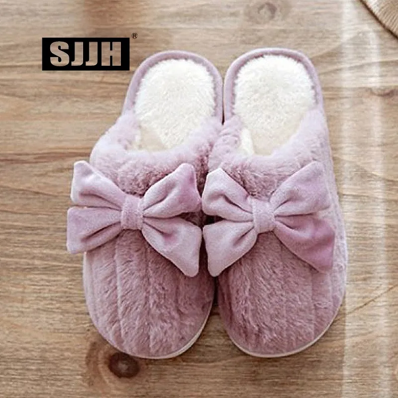 

SJJH 2018 Woman Winter Cute Bowtie Slippers Flock Short Plush Footwear Lovers Couple Indoor Comfort Home Shoes Large Size A1350