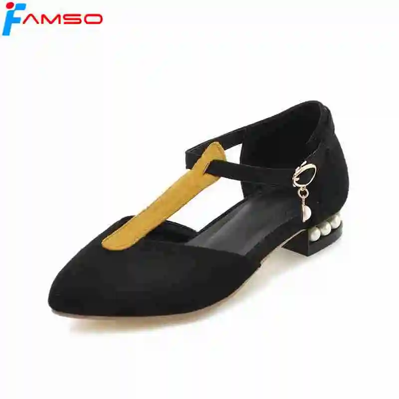 

FAMSO 2019 Size 34-43 Shoes Women Sandals Print Square Heels Beading T-Strap Pointed Toe Purple Yellow Summer Platforms Sandals