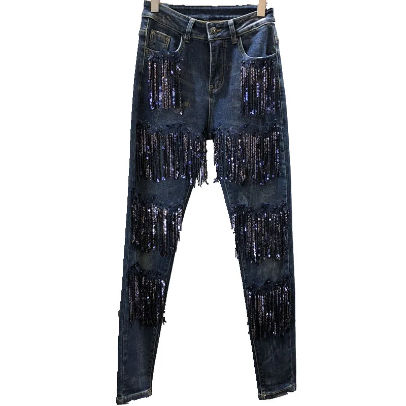 

plus size 26-32! Women Fashion Pencil Jeans Vintage High Quality Sequined Tassel Cowboy Denim Pants Stretch Skinny Jeans
