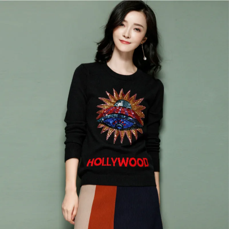 

European Women's Sweaters Luxury Sequins Cartoon Airship 2018 Autumn Female Knitted Letter Top High Street Loose Casual Pullover