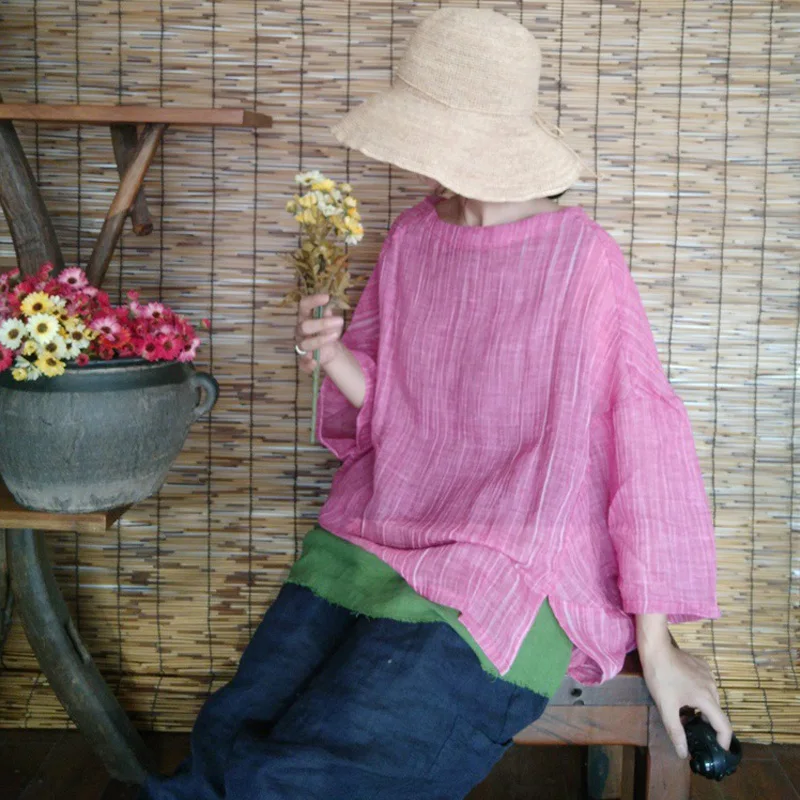 

Johnature Autumn Women T-Shirts Loose O-Neck Seven Sleeve Vintage 2019 New Pink Linen Irregular Original Casual Women T-Shirts