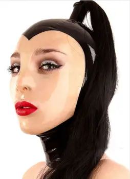 

Black Latex Women Hood Mask Back Zipper With Transparent Face Fetish Mask With Holes for The Eyes Nose and Mouth Rubber Hoods