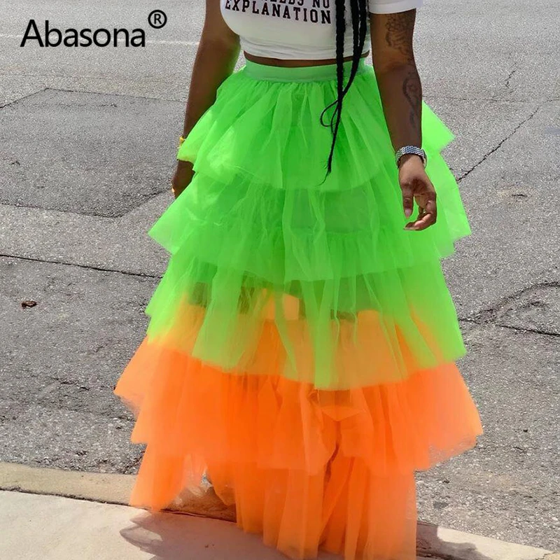 

Abasona Sweet Cake Layered Mesh High Waist Long Maxi Skirt Princess Cascading Ruffle Vintage Tiered Tulle INS Sexy Beach Skirts
