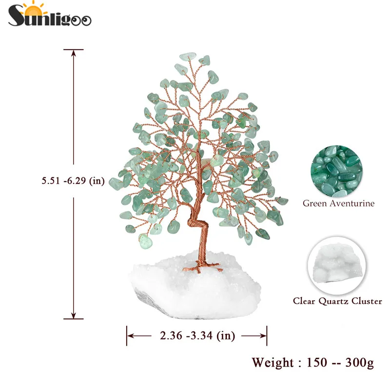 Sunligoo 1pc Natural Stone Feng Shui Bonsai Money Tree on Clear Quartz Cluster Base for Protection Healing Home Decor 5.51-6.29"