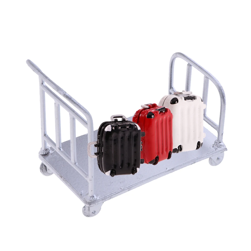 1/12 Dollhouse Miniature Luggage Cart and 3pcs Iron Travel Suitcase
