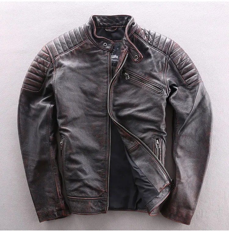 

2018 Motorcycle Biker Genuine Leather Jacket Man Cowhide Real Leather Coat Vintage Black Standing Collar Slim Fit Short Clothing