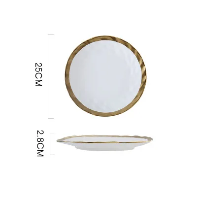 Европейский стиль, керамическая посуда с золотой стороной, белая и черная, фарфоровая тарелка для стейка, десертный поднос, кухонный набор обеденных тарелок - Цвет: White 25CM Wave Rim