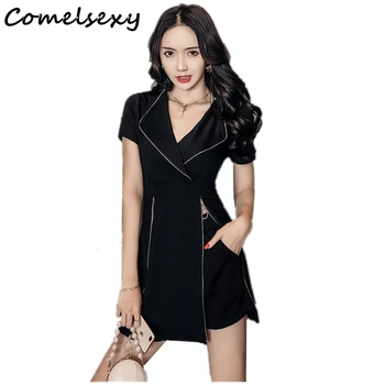 

Comelsexy High Quality Pant Suits 2019 Summer Women Short Sleeve Zippers Decorate Turn Down Collar Dress + Short Pant Suits