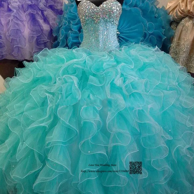 Бирюзовые недорогие подростковые платья, платье с кристаллами и оборками, Vestidos de 15 Anos, милые платья 16, платье для танцев из органзы
