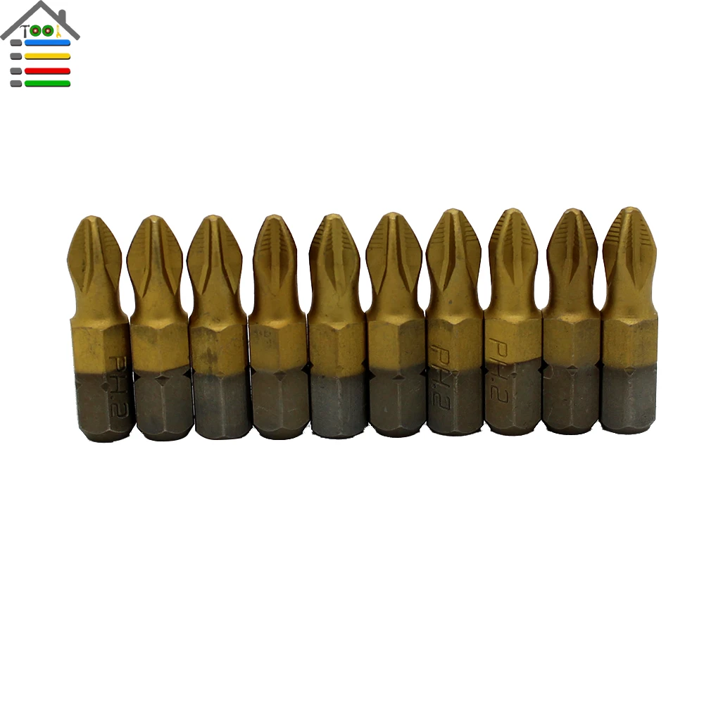 

10PC Titanium Magnetic Non Anti Slip Electric Screwdriver Bits Set PH2 Length 25mm Single Side fit Air Power Tools