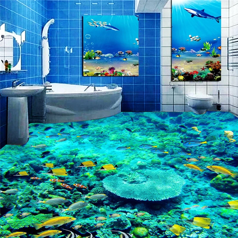 Beibehang рыбы подводный мир Туалет фото пол 3 DWallpaper Ванная комната пол Mural-3d ПВХ обои Self-наклейки на стену