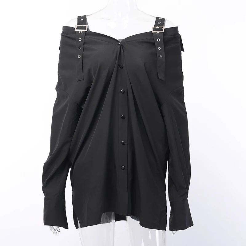InstaHot платье с длинными рукавами черное сексуальное с регулируемым поясом с открытыми плечами Длинная блузка Повседневная блузка с отложным воротником Элегантный верх