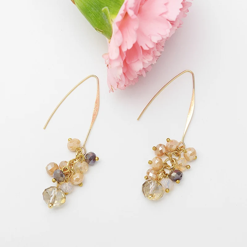 Wild&Free Vintage Crystal Beads Dangle Drop Earrings For Women Girl Gold Hook Long Earrings Romantic Wedding Jewelry Gift