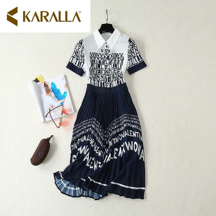 

Karalla 2019 Summer New Lapel Short Sleeve Turn-down Collar Printed Letters Vintage Style Draped Dress L0156