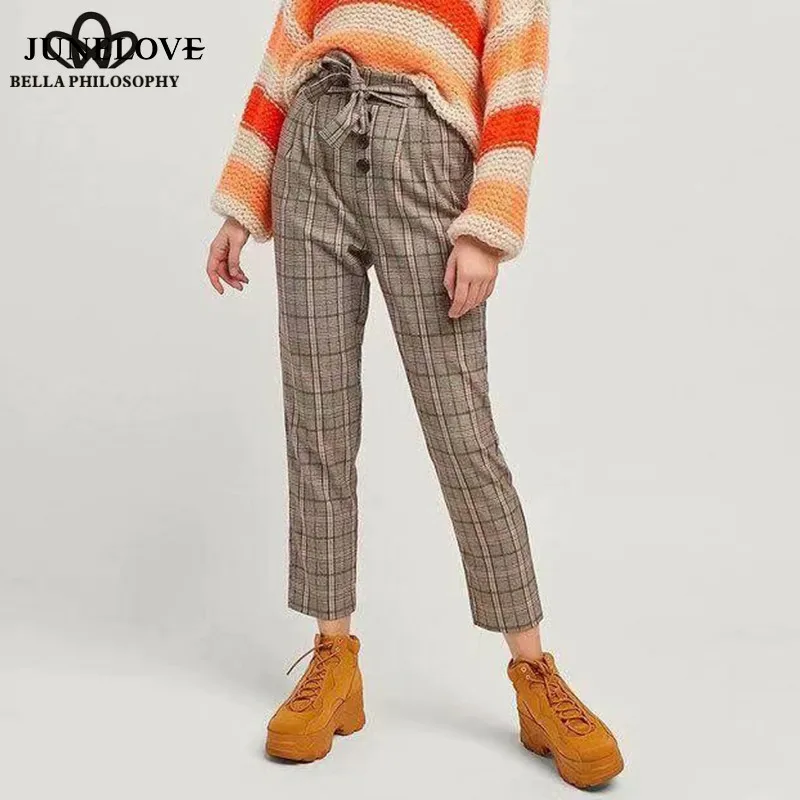 Wonder Spring Plaid Long Pants Vintage Sashes Female Loose Harem Pants Casual Belt Elastic Lady High Waist Pants Bottoms 2019