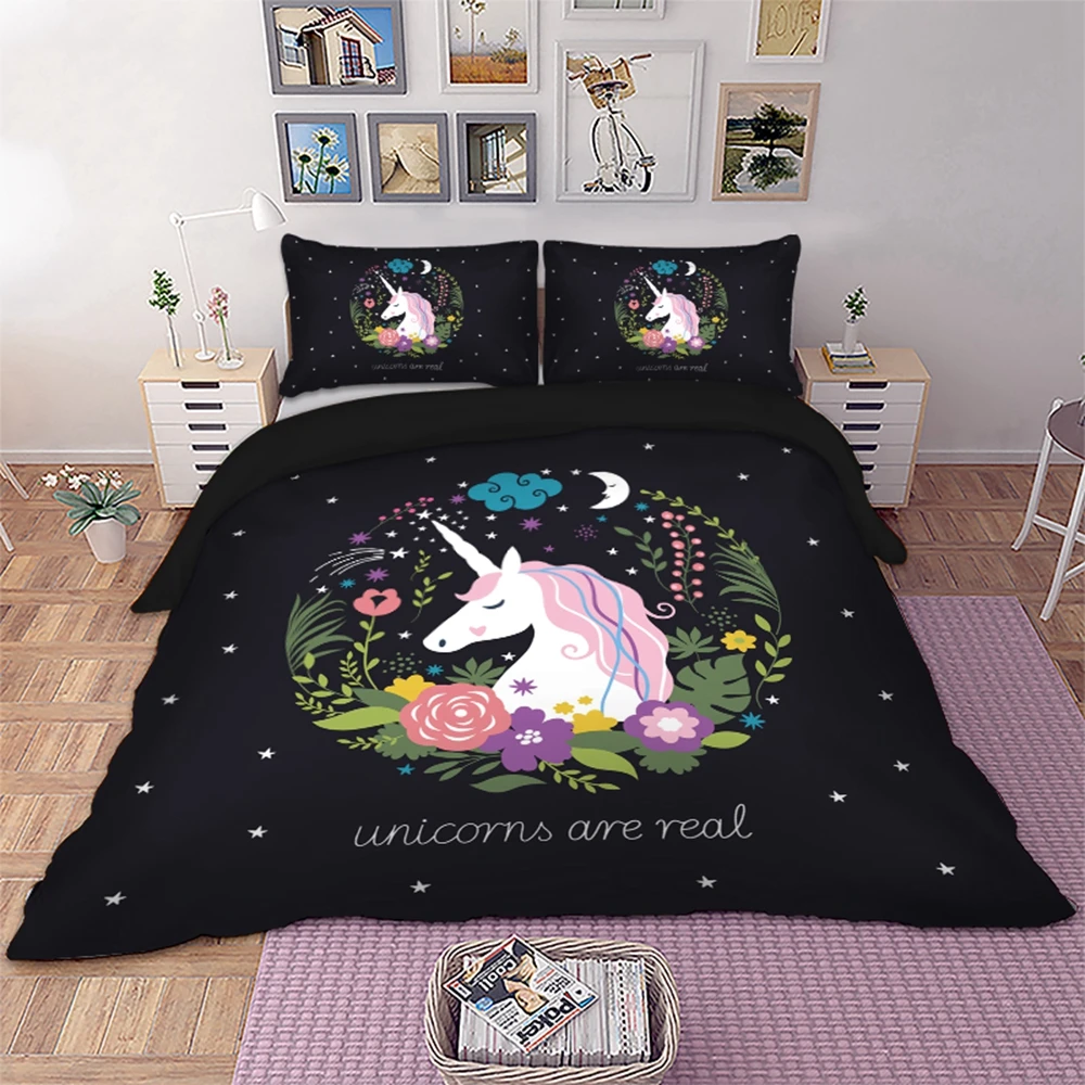

Unicorn Bedding Set Cartoon Duvet Cover With Pillowcases black color Twin Full Queen King Size Bedclothes 3pcs