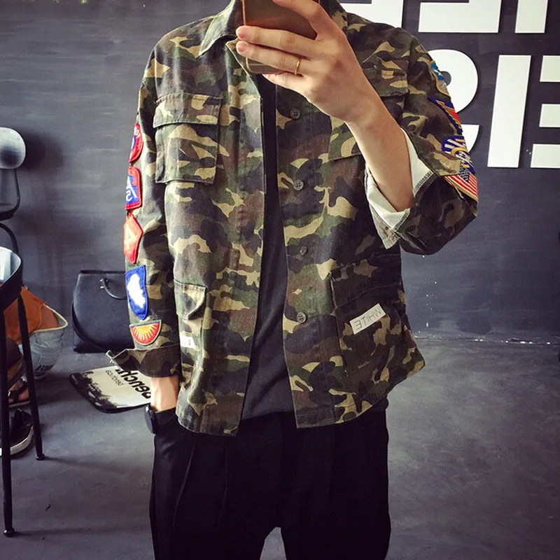 2015 New Fashion Denim Jacket Men Turn Down Collar Cotton Mens Camo