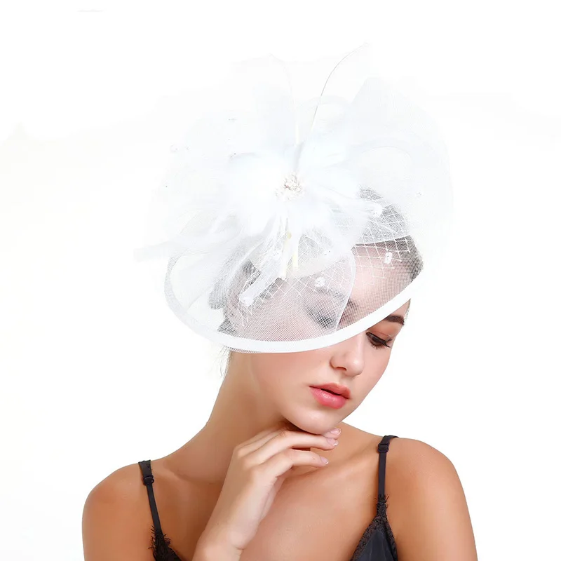 FGHGF Fascinators Шапки для Для женщин цветок сетка ленты перо оголовье дамы Hairclip девушка Race Дерби Свадебные Чай вечерние Головные уборы