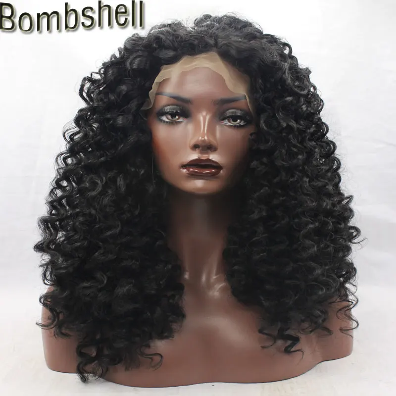 

Bombshell Deep Kinky Curly Front Synthetic Front Lace Wig Heavy Density Heat Resistant Fiber For African American Women Wigs