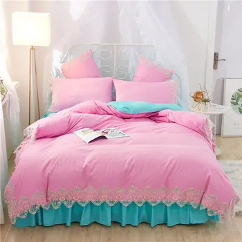 

Pink blue lace bedding sets full queen king duvet cover princess girls bed skirt Korean bedclothes beautiful quilt cover sets