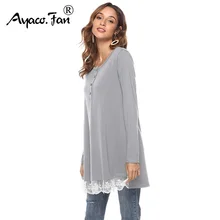 Новая Осенняя футболка, Женская Кружевная блуза со вставкой с длинным рукавом и круглым вырезом, повседневные сексуальные женские футболки, женские топы