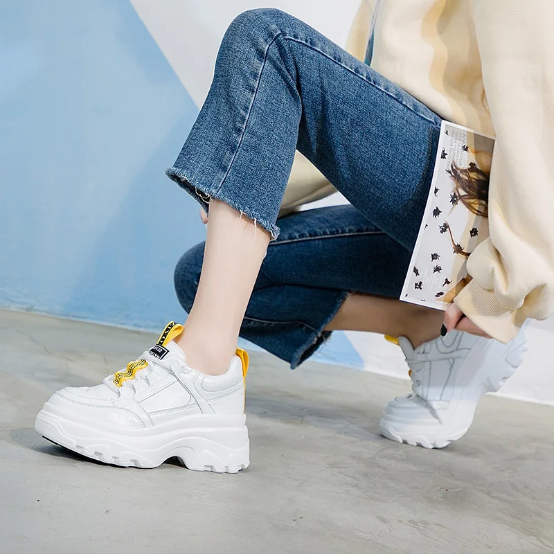 Кроссовки Yiluan женские в полоску повседневная обувь на платформе белые кожаные